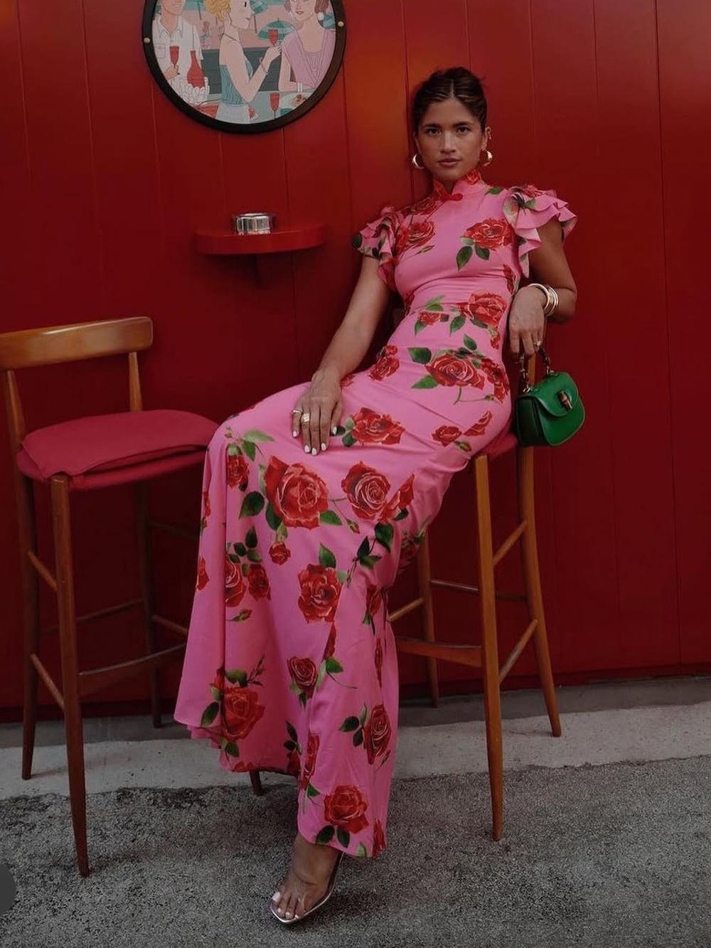 Sau Lee Sylvie Mandarin Collar Ruffle Sleeve Pink Floral Maxi Dress NEW with tag - Picture 10 of 11